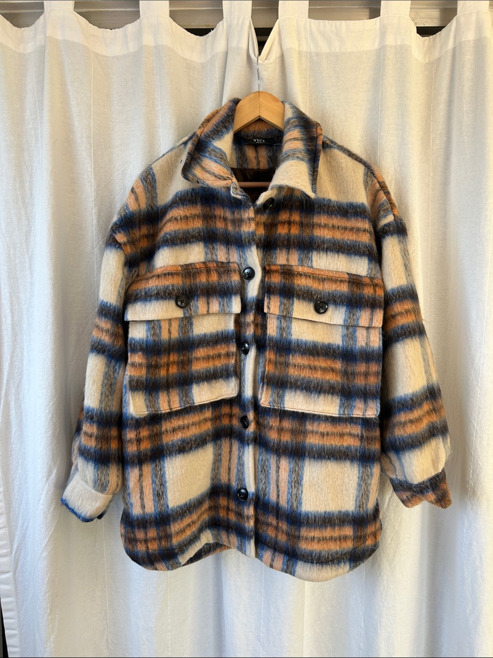 Vici Plaid Utility Shacket in Cream, Blue & Brown